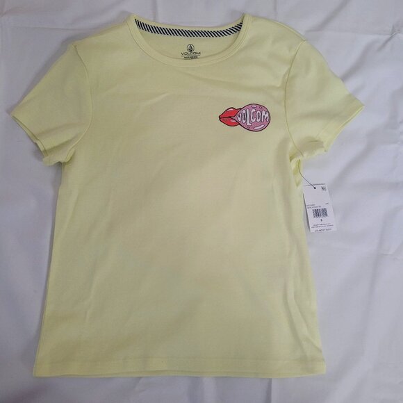 NWT VOLCOM T-Shirt Wmns Sz Small 4/6 Cotton Yellow Red Lips Pink Glitter Bubble - Picture 1 of 9